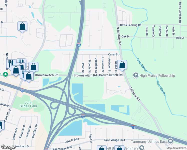 map of restaurants, bars, coffee shops, grocery stores, and more near 1174 Brownswitch Road in Slidell