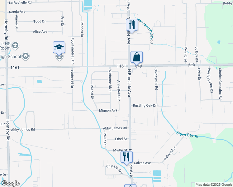 map of restaurants, bars, coffee shops, grocery stores, and more near 16410 Winborne Boulevard in Prairieville