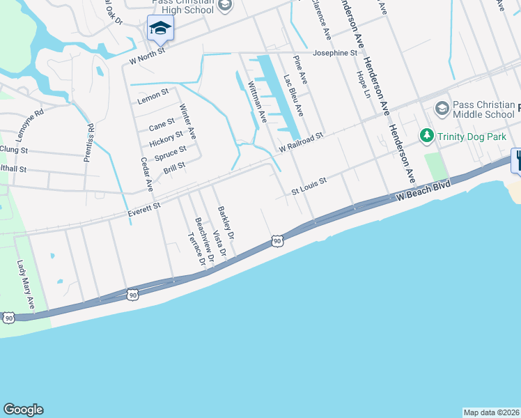 map of restaurants, bars, coffee shops, grocery stores, and more near 19 Jackson Ave in Pass Christian