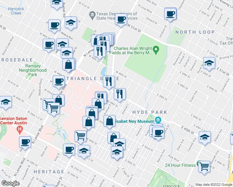 map of restaurants, bars, coffee shops, grocery stores, and more near W 45th St & Avenue A in Austin
