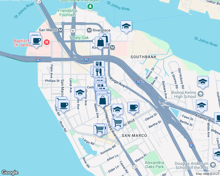 map of restaurants, bars, coffee shops, grocery stores, and more near 1599 Cedar Street in Jacksonville