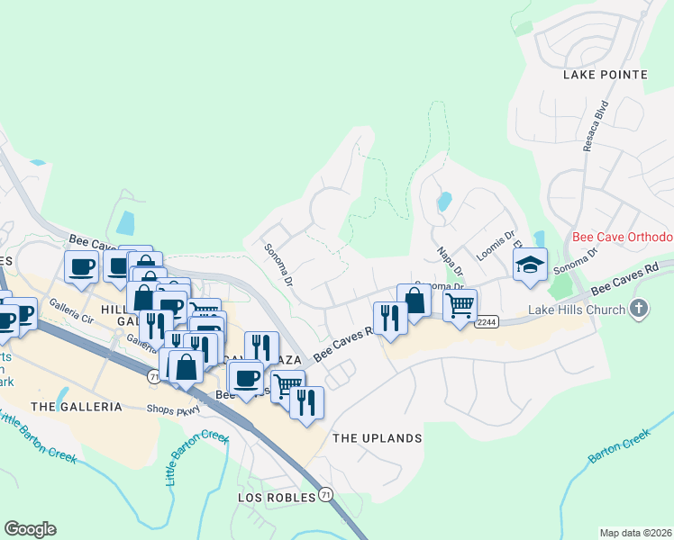 map of restaurants, bars, coffee shops, grocery stores, and more near 12304 Pleasant Hill Court in Austin