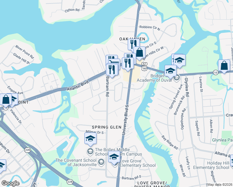 map of restaurants, bars, coffee shops, grocery stores, and more near 1813 Bartram Circle West in Jacksonville