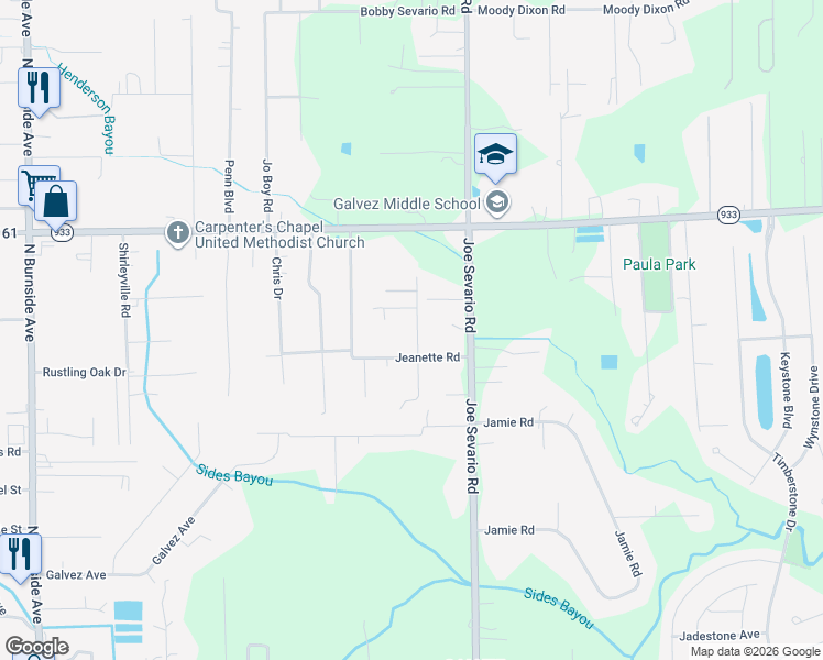 map of restaurants, bars, coffee shops, grocery stores, and more near 16421 Evans Road in Prairieville