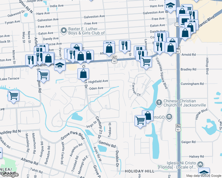 map of restaurants, bars, coffee shops, grocery stores, and more near 8406 Oden Avenue in Jacksonville