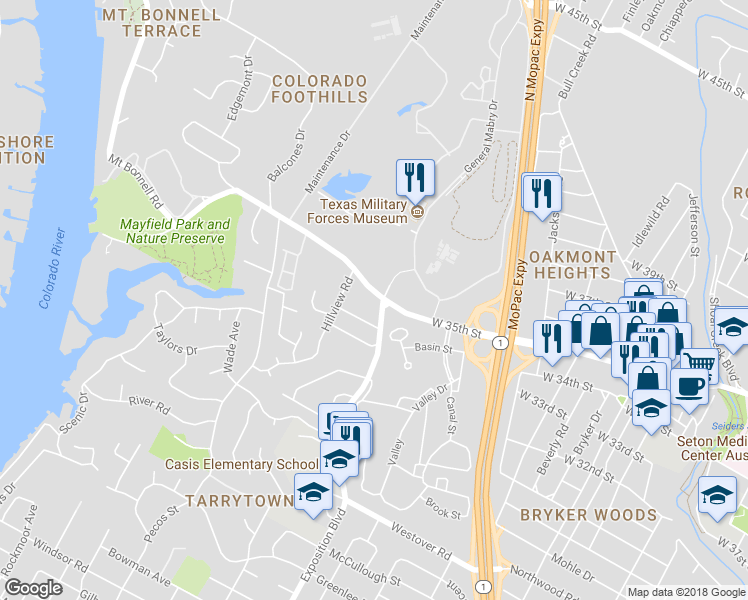 map of restaurants, bars, coffee shops, grocery stores, and more near 2701 West 35th Street in Austin