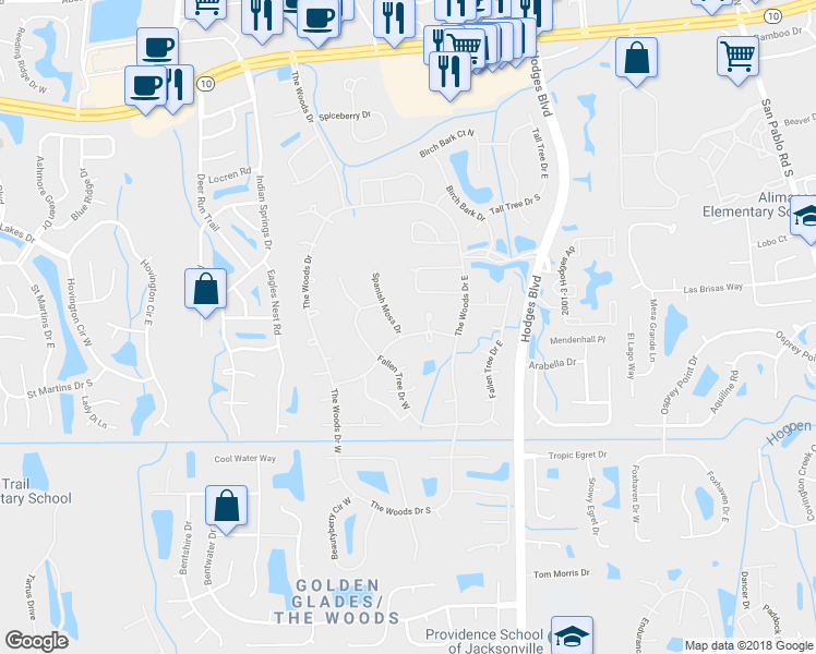 map of restaurants, bars, coffee shops, grocery stores, and more near 2275 Spanish Moss Drive in Jacksonville