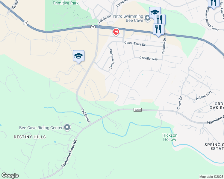 map of restaurants, bars, coffee shops, grocery stores, and more near 15725 De Fortuna Drive in Austin