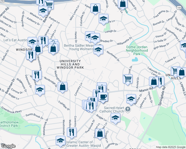 map of restaurants, bars, coffee shops, grocery stores, and more near 6106 Devonshire Cove in Austin