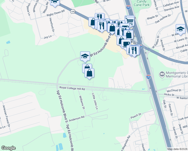 map of restaurants, bars, coffee shops, grocery stores, and more near 108 Commercial Circle in Conroe