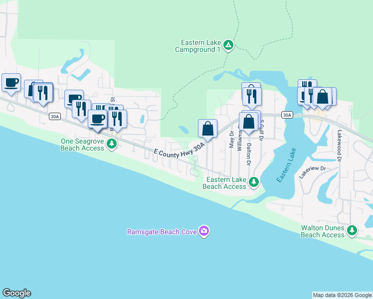 map of restaurants, bars, coffee shops, grocery stores, and more near 31 Sea Nest Lane in Santa Rosa Beach