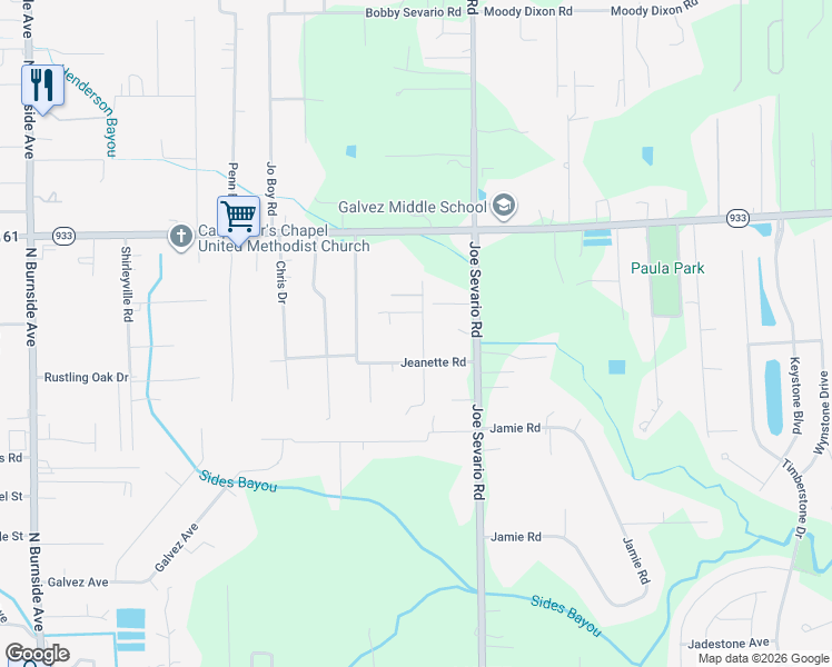 map of restaurants, bars, coffee shops, grocery stores, and more near 16421 Evans Road in Prairieville