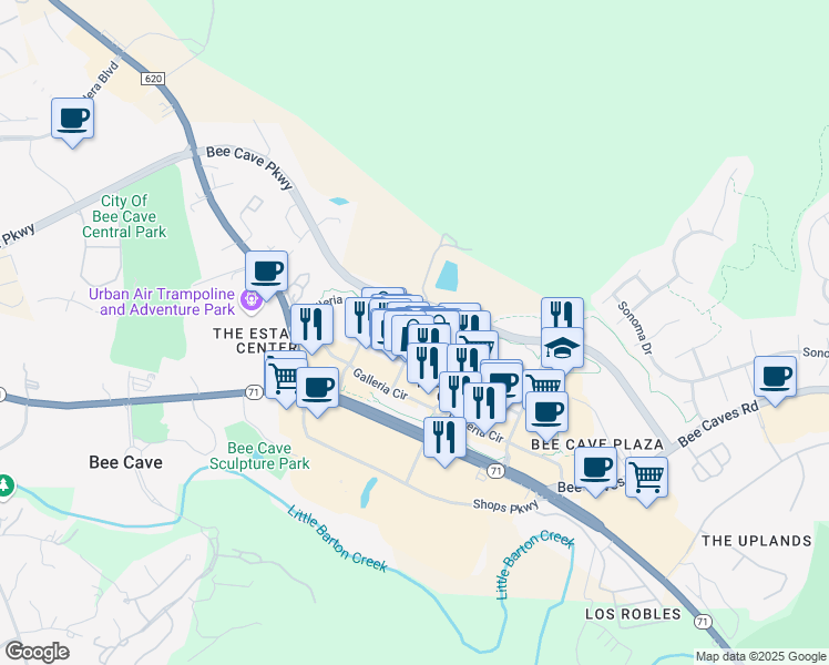 map of restaurants, bars, coffee shops, grocery stores, and more near 13332 Galleria Parkway in Bee Cave