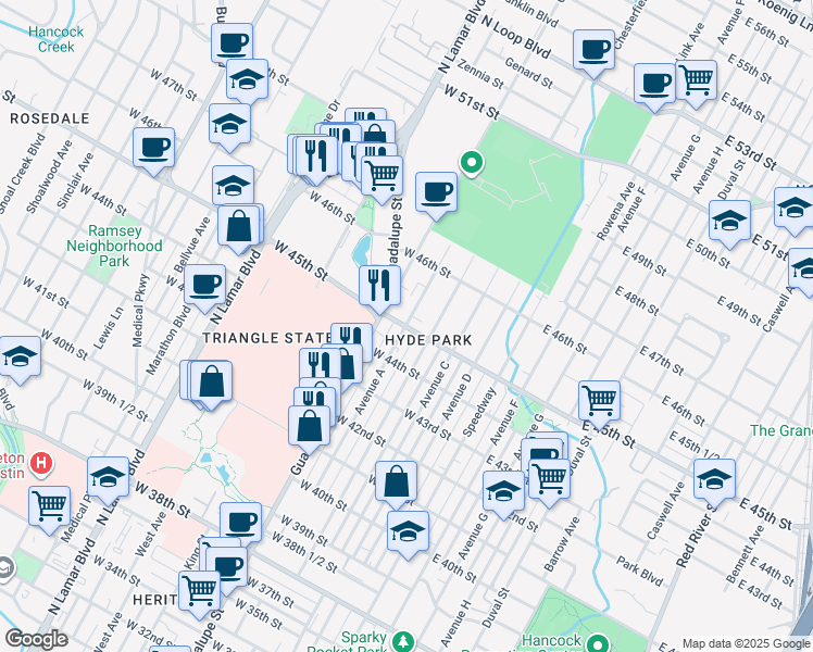 map of restaurants, bars, coffee shops, grocery stores, and more near 4500 Avenue A in Austin