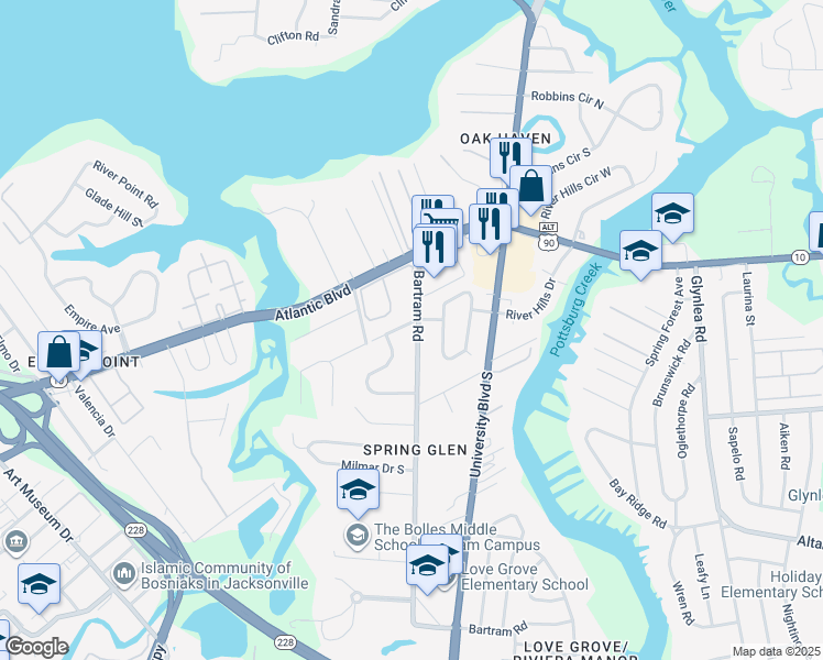 map of restaurants, bars, coffee shops, grocery stores, and more near 1746 Bartram Road in Jacksonville
