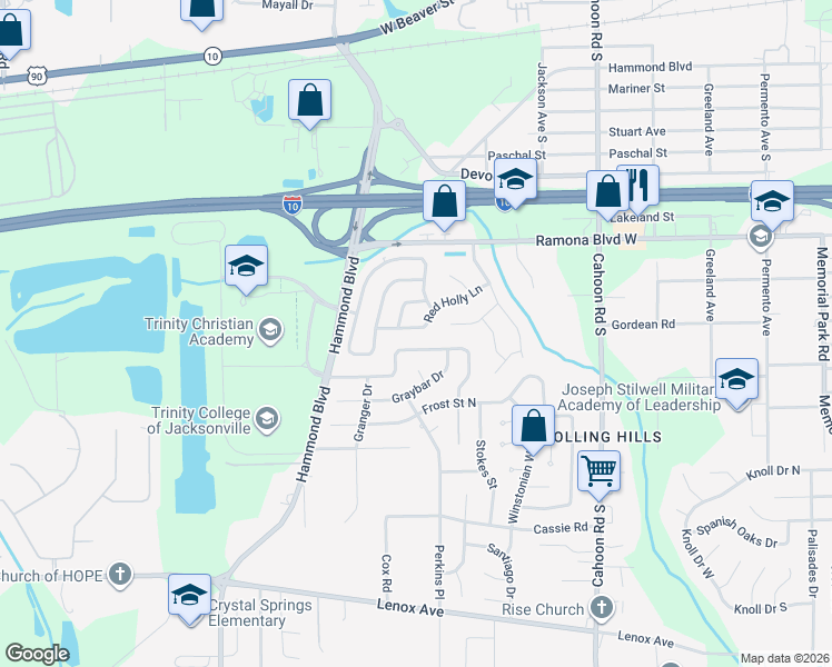 map of restaurants, bars, coffee shops, grocery stores, and more near 8454 Red Holly Lane in Jacksonville
