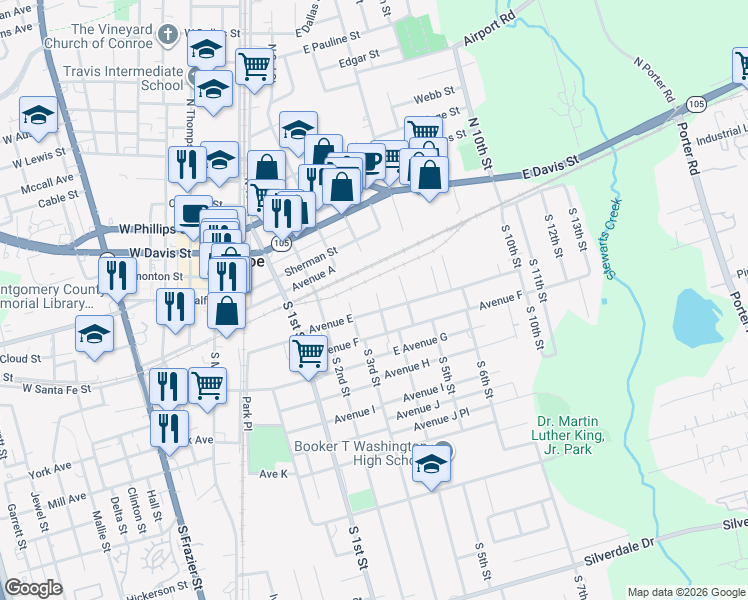 map of restaurants, bars, coffee shops, grocery stores, and more near 105 South 3rd Street in Conroe