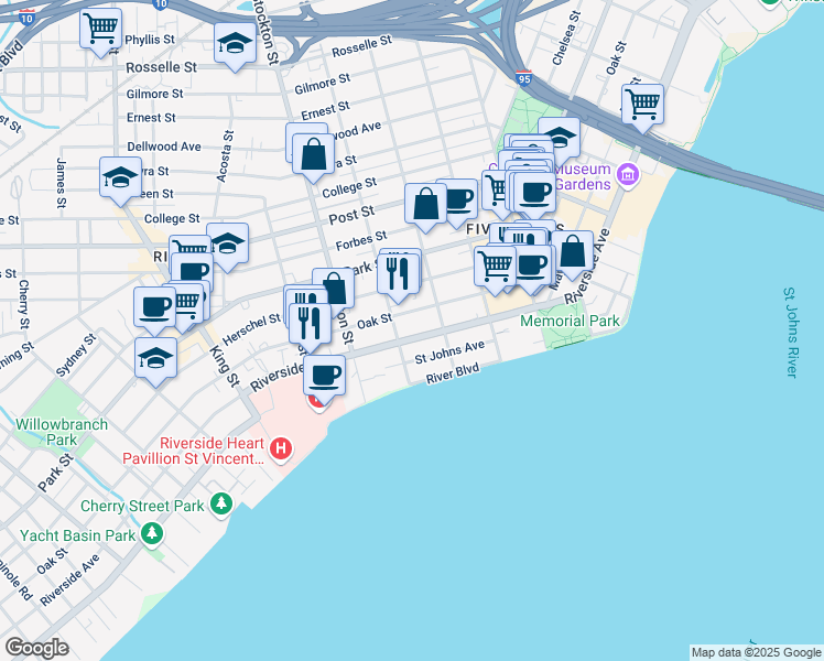 map of restaurants, bars, coffee shops, grocery stores, and more near 2247 Riverside Avenue in Jacksonville