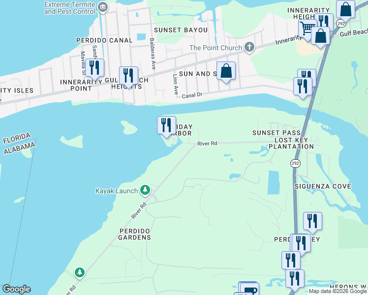 map of restaurants, bars, coffee shops, grocery stores, and more near 14010 Canal A Way in Pensacola