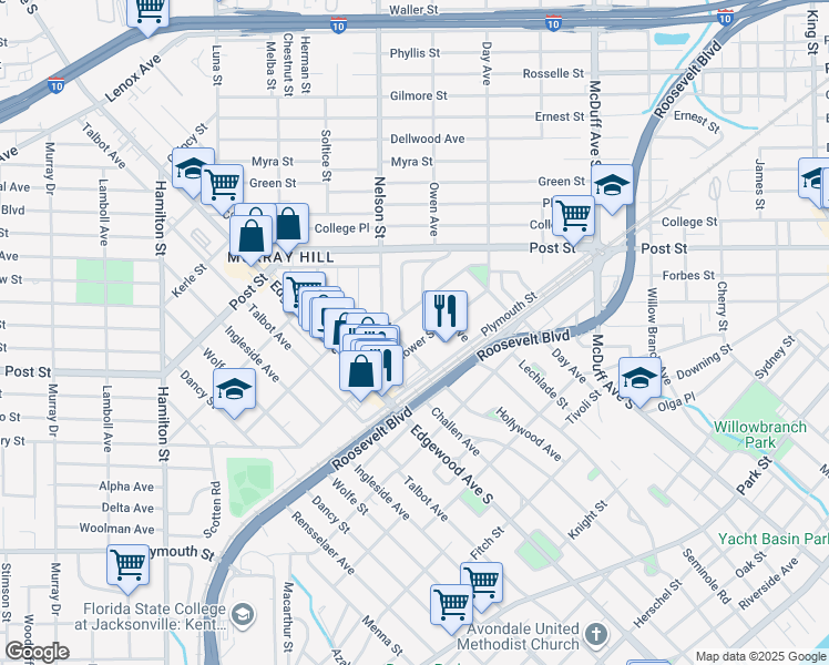 map of restaurants, bars, coffee shops, grocery stores, and more near 3329 Mayflower Street in Jacksonville