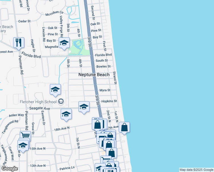 map of restaurants, bars, coffee shops, grocery stores, and more near 199 Oleander Street in Neptune Beach