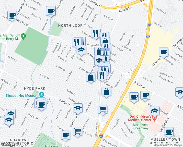 map of restaurants, bars, coffee shops, grocery stores, and more near 4901 Caswell Avenue in Austin