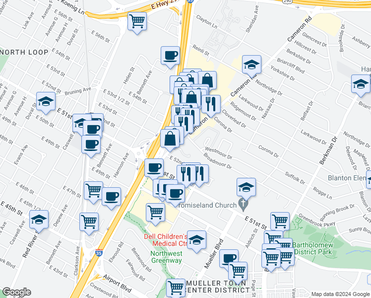 map of restaurants, bars, coffee shops, grocery stores, and more near 5211 Cameron Road in Austin