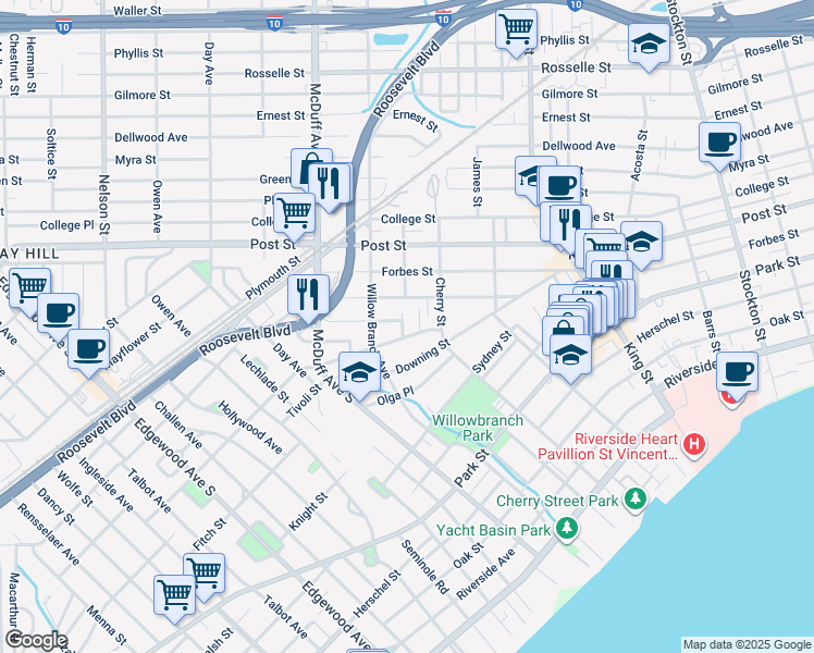 map of restaurants, bars, coffee shops, grocery stores, and more near 1085 Orleans Court in Jacksonville
