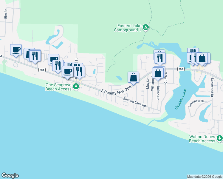 map of restaurants, bars, coffee shops, grocery stores, and more near 31 Sea Nest Lane in Santa Rosa Beach