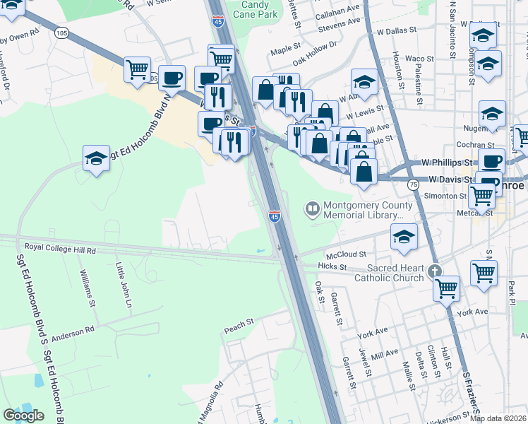 map of restaurants, bars, coffee shops, grocery stores, and more near 233 Interstate 45 North in Conroe