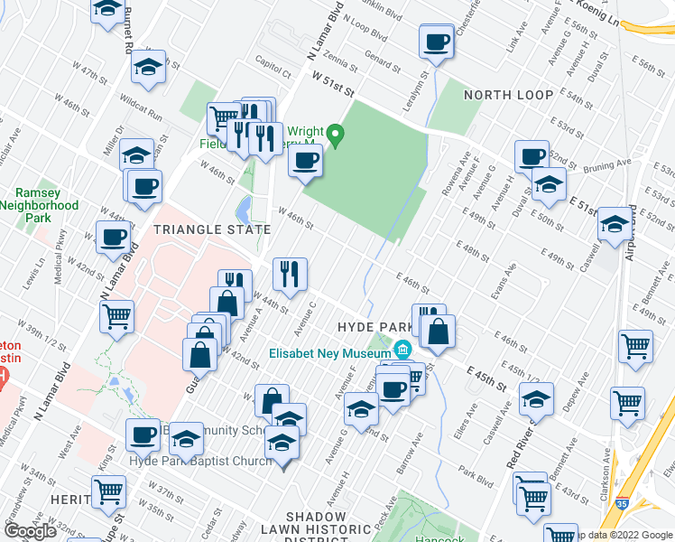 map of restaurants, bars, coffee shops, grocery stores, and more near 4517 Avenue C in Austin