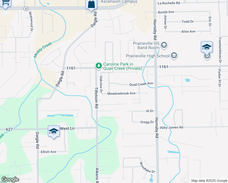 map of restaurants, bars, coffee shops, grocery stores, and more near 39346 Meadowbrook Avenue in Prairieville