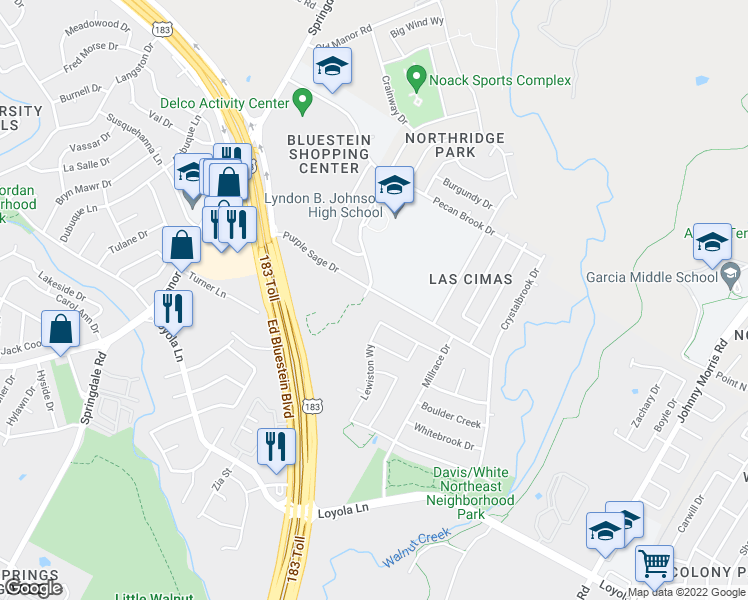 map of restaurants, bars, coffee shops, grocery stores, and more near 5309 Purple Sage Drive in Austin