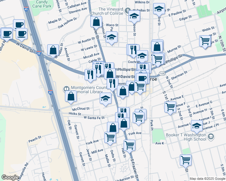 map of restaurants, bars, coffee shops, grocery stores, and more near 215 North Frazier Street in Conroe