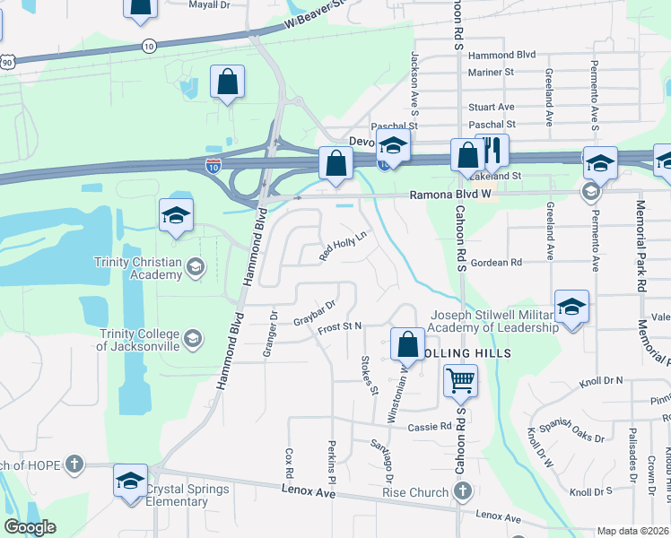 map of restaurants, bars, coffee shops, grocery stores, and more near 8366 Holly Hill Cove in Jacksonville