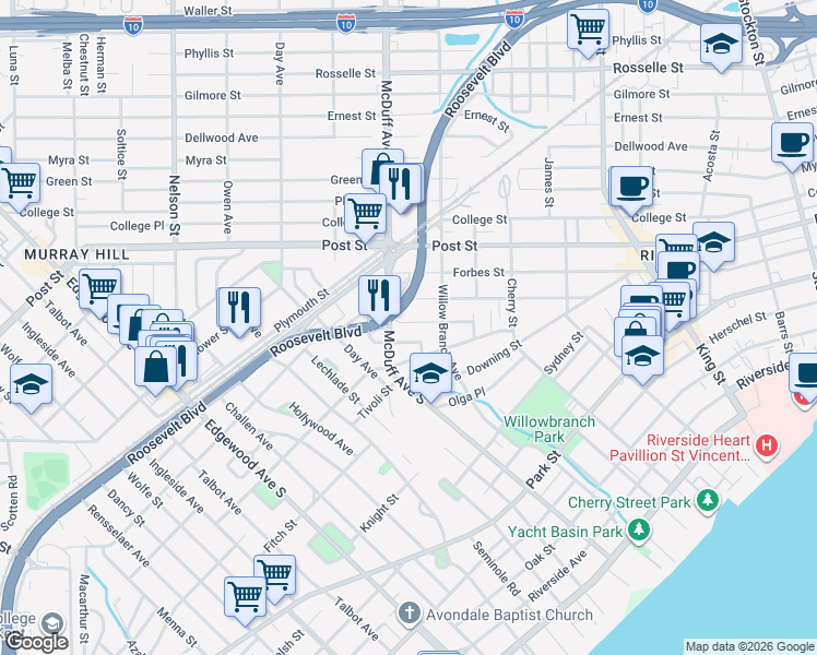 map of restaurants, bars, coffee shops, grocery stores, and more near 2976 Collier Avenue in Jacksonville