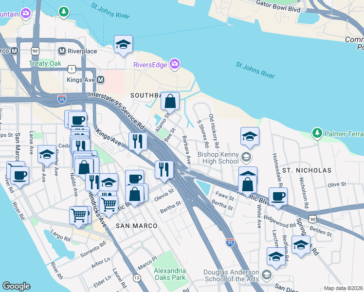 map of restaurants, bars, coffee shops, grocery stores, and more near 2031 Southampton Road in Jacksonville