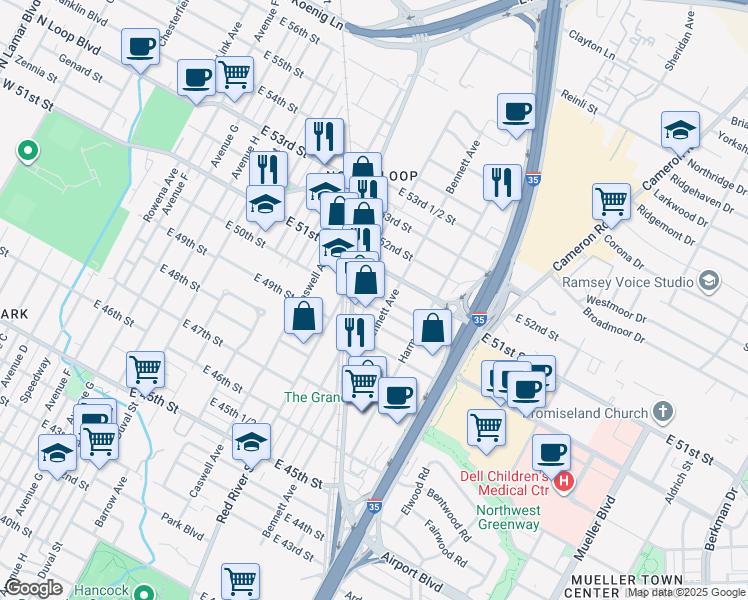 map of restaurants, bars, coffee shops, grocery stores, and more near 919 East 50th Street in Austin