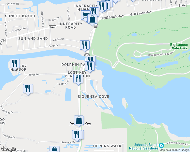 map of restaurants, bars, coffee shops, grocery stores, and more near 13600 River Road in Pensacola