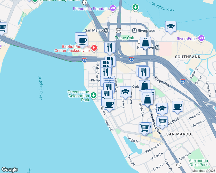 map of restaurants, bars, coffee shops, grocery stores, and more near San Marco Blvd & Cedar St in Jacksonville