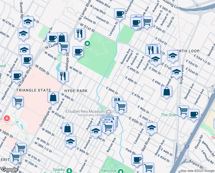 map of restaurants, bars, coffee shops, grocery stores, and more near 108 East 46th Street in Austin