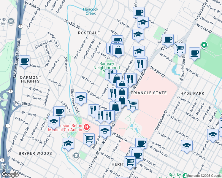 map of restaurants, bars, coffee shops, grocery stores, and more near 4106 Medical Parkway in Austin