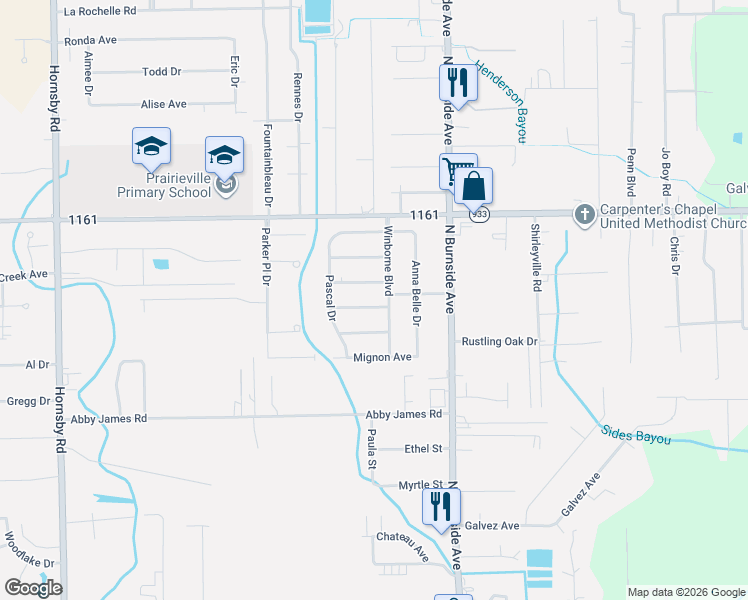 map of restaurants, bars, coffee shops, grocery stores, and more near 40445 Thomas Avenue in Prairieville