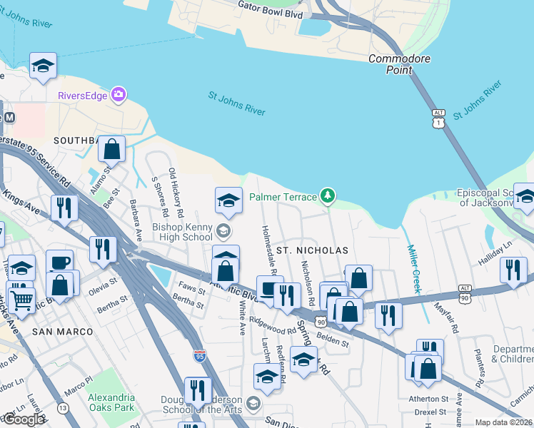 map of restaurants, bars, coffee shops, grocery stores, and more near 1130 Monticello Road in Jacksonville
