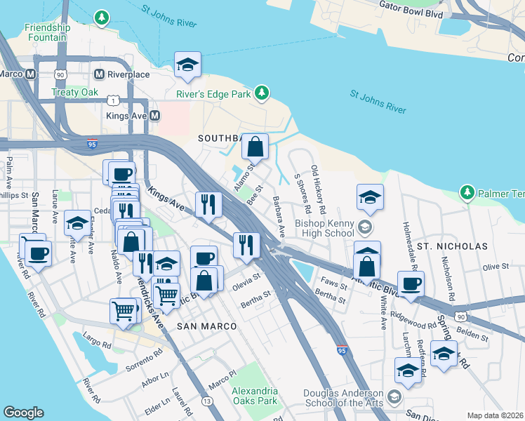 map of restaurants, bars, coffee shops, grocery stores, and more near 2031 Southampton Road in Jacksonville