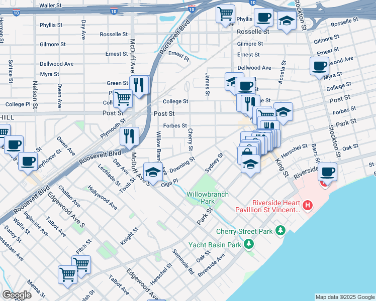map of restaurants, bars, coffee shops, grocery stores, and more near 1098 Cherry Street in Jacksonville