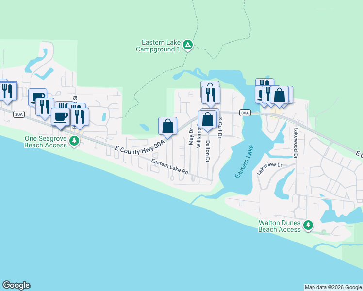 map of restaurants, bars, coffee shops, grocery stores, and more near 107 Brown Street in Santa Rosa Beach
