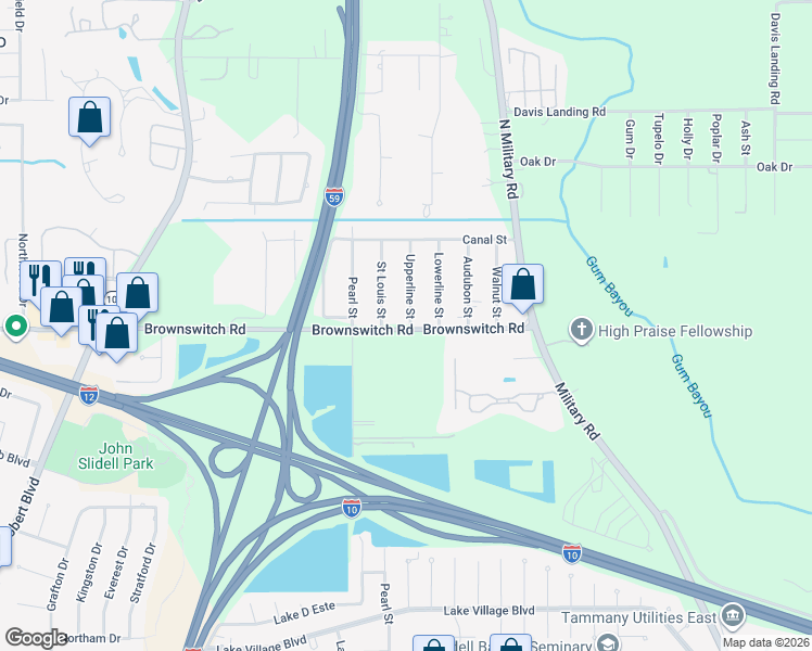 map of restaurants, bars, coffee shops, grocery stores, and more near 1174 Brownswitch Road in Slidell