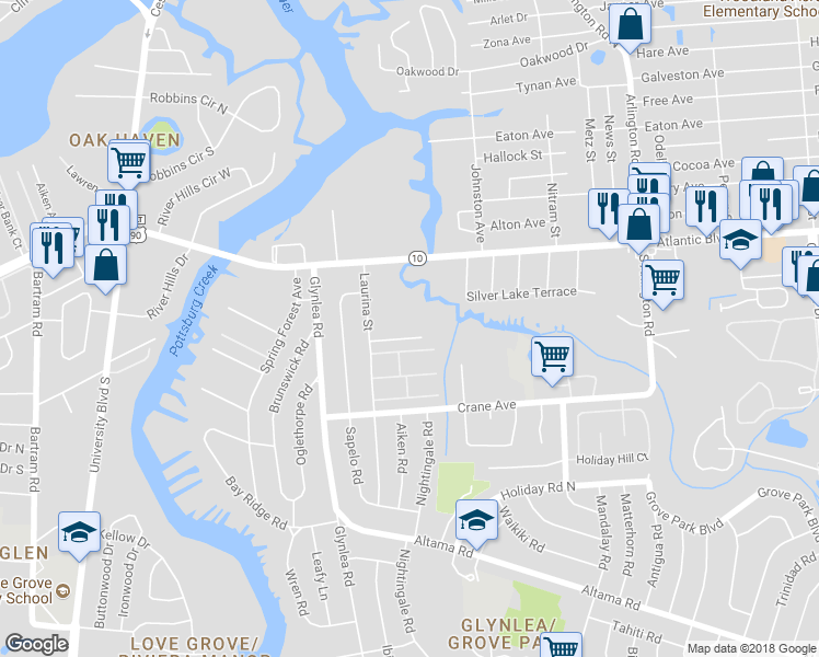 map of restaurants, bars, coffee shops, grocery stores, and more near 6755 Laurina Place in Jacksonville