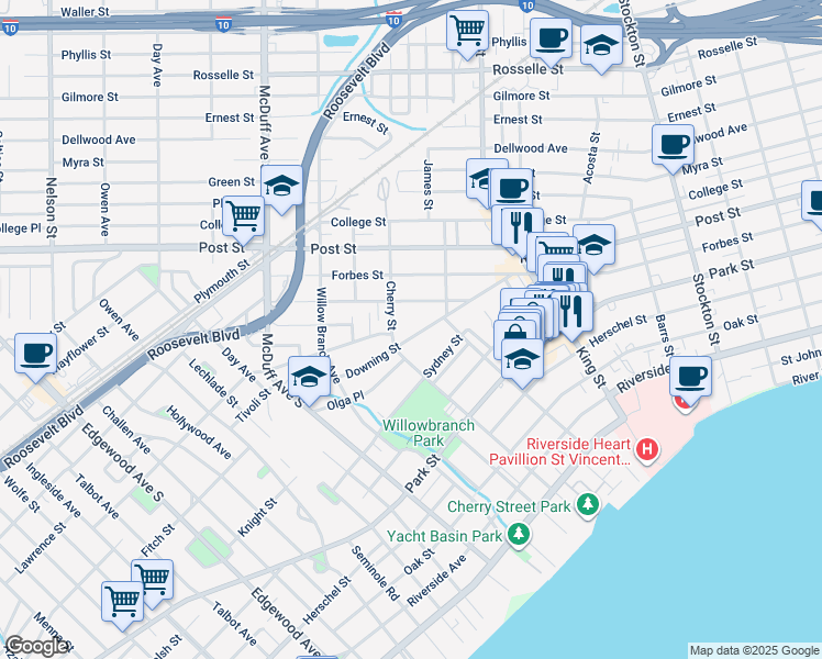 map of restaurants, bars, coffee shops, grocery stores, and more near 2810 Downing Street in Jacksonville